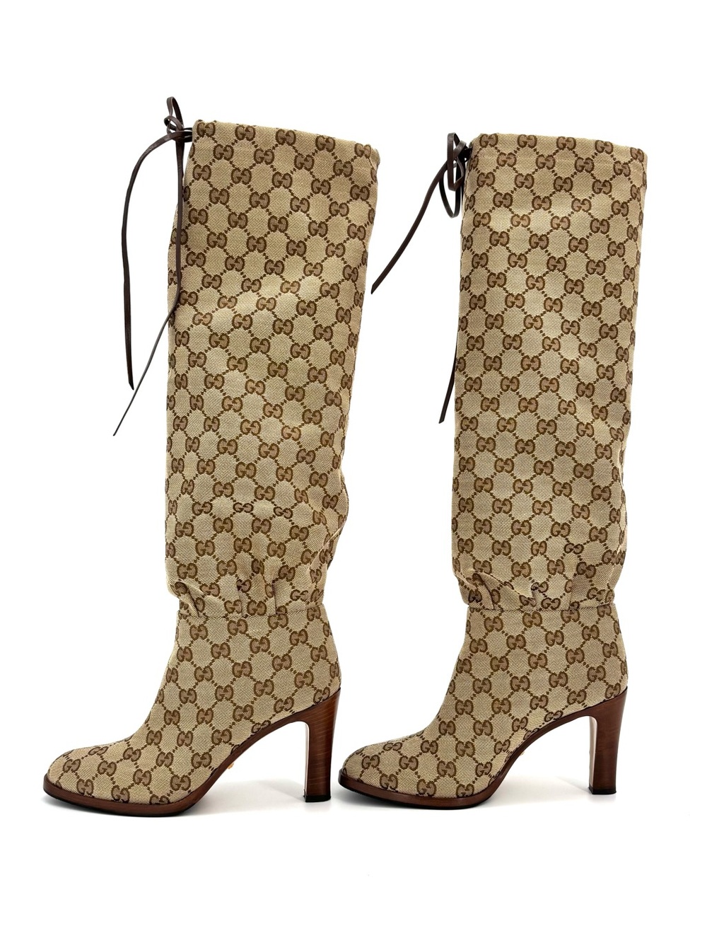 Gucci Lisa GG Monogram Knee High Pull On Heeled Boots 37 - Picture 5 of 8
